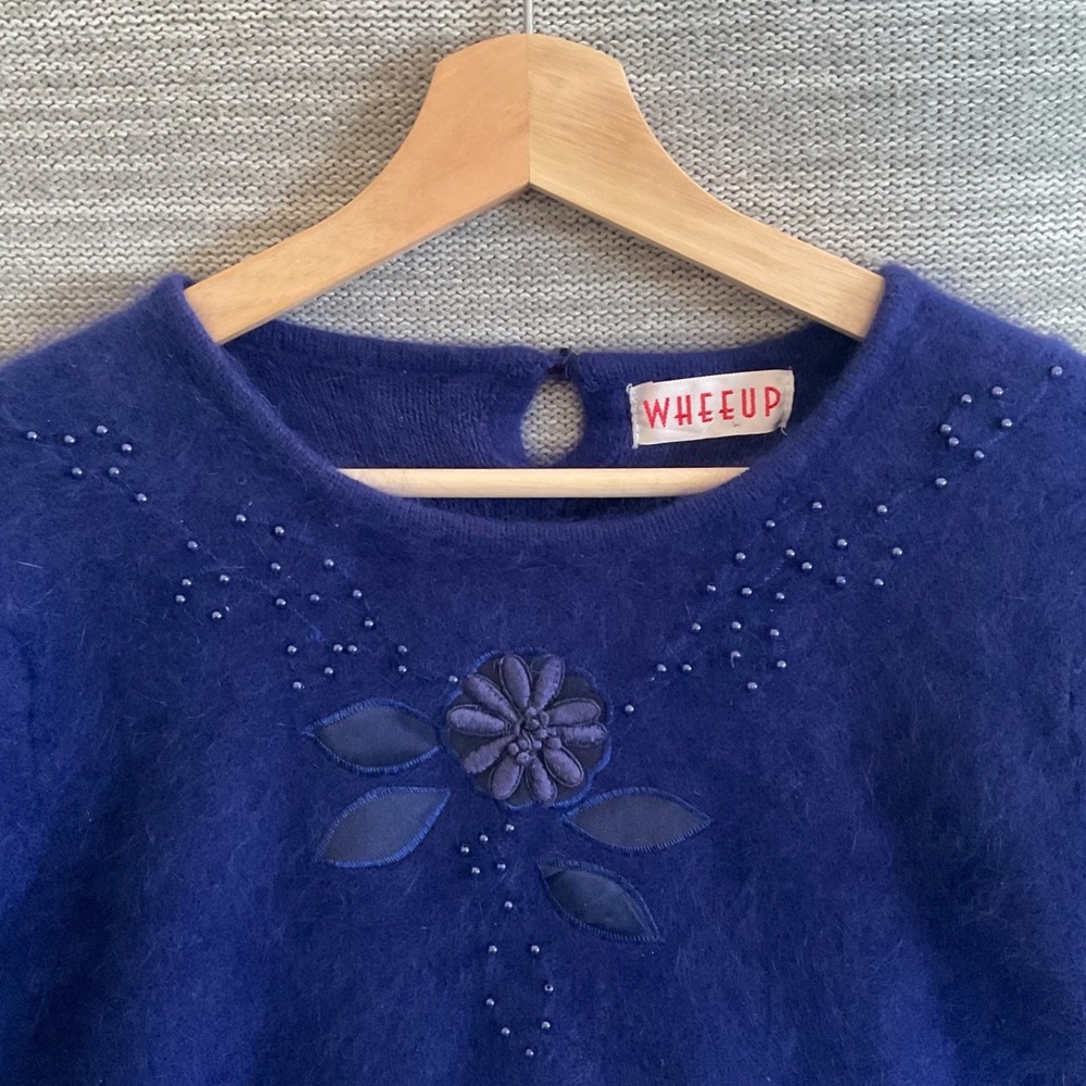 Vintage‎ Mohair Short Sleeve Purple Sweater Pin-Up Applique Beads Purple  L/XL